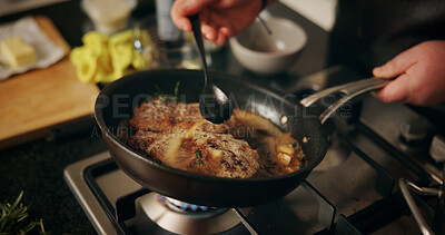 Buy stock photo Cooking, stove and chef with steak in pan in kitchen for culinary skill, recipe and meal prep for dinner. Food, above and person with beef, meat and sauce for gourmet dish, ingredients and cuisine