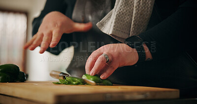 Buy stock photo Home, hands and man in kitchen, cutting vegetables and nutrition with recipe, culinary skills and ingredients. Closeup, expert or chef with utensils, cook and chopping board with meal prep or cuisine