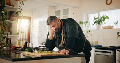 Buy stock photo Cooking, fatigue and headache with man in kitchen of home for crisis, failure or mistake. Frustration, recipe disaster and stress with chef in apartment for burnout, loss or small business startup
