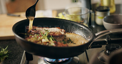 Buy stock photo Cooking, steak and pan for meal, kitchen and preparation for dinner in restaurant, seasoning or cuisine. Catering business, ingredients and culinary skills for food in diner, spoon or herb for flavor