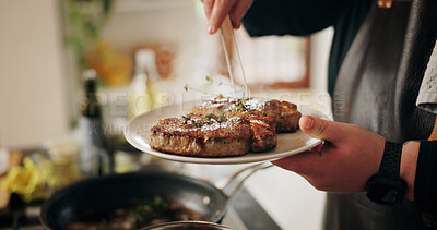 Buy stock photo Hands, chef and plate with steak, kitchen and preparation for beef in restaurant or culinary skills.  Catering business, process and person with presentation of meat, hospitality or herbs for gourmet