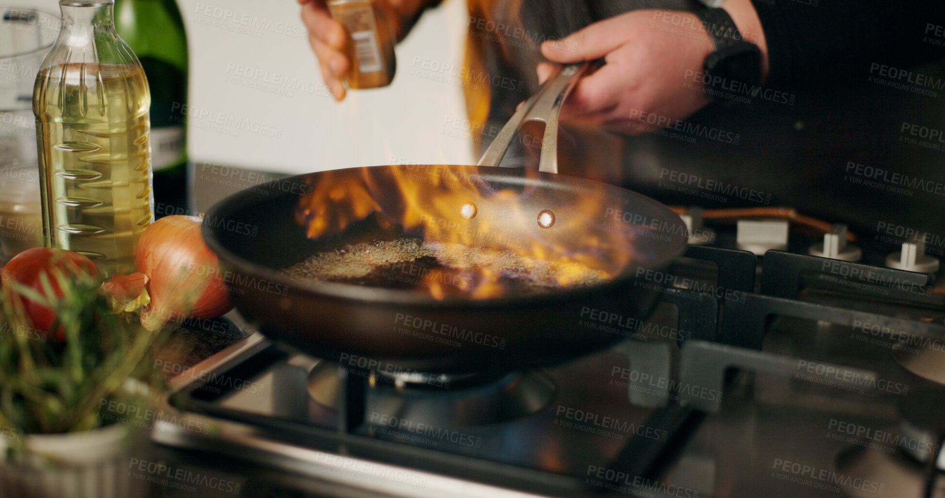 Buy stock photo Cooking, flame and man with hands, frying pan and flambe expert with food, dinner and ingredients. Closeup, person and chef with utensils, home and meal prep with nutrition, culinary skills or heat