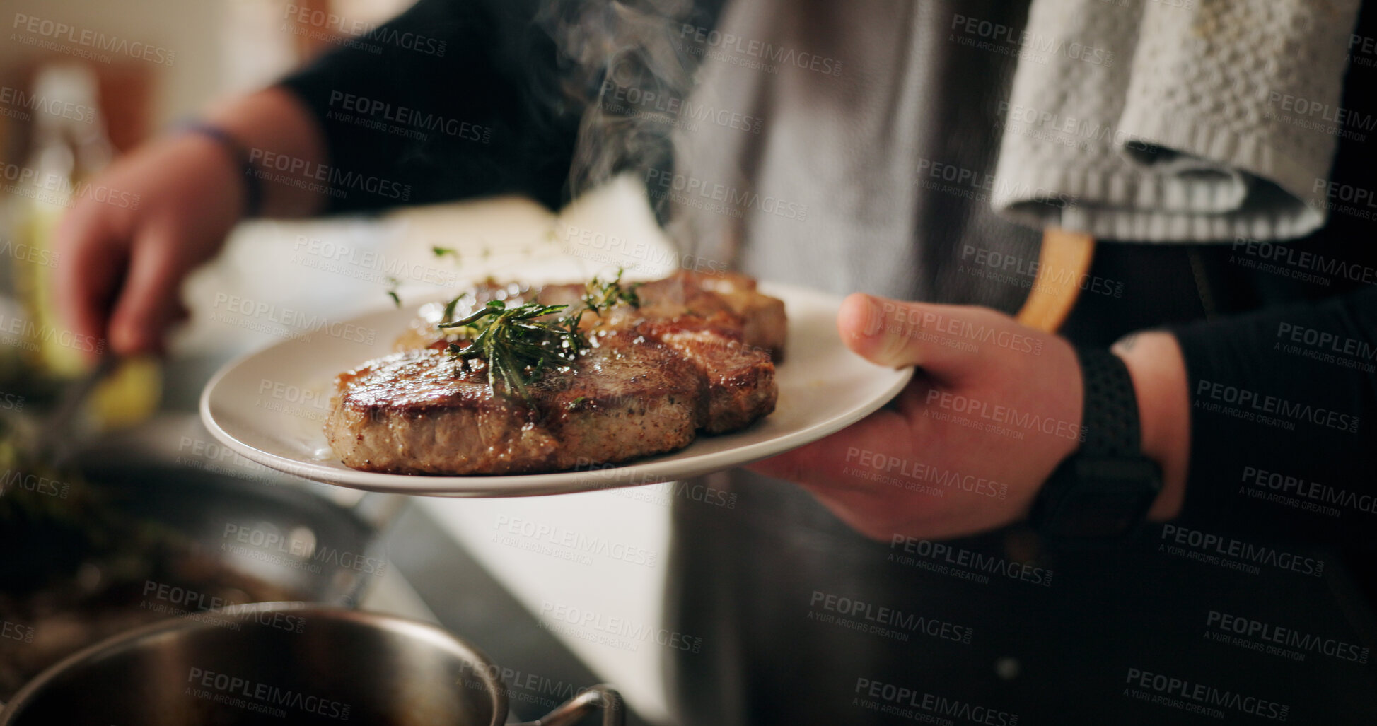 Buy stock photo Hands, chef and plate with steak, hospitality and preparation for beef in restaurant and culinary skills. Catering business, process and person with presentation of meat, kitchen or herbs for gourmet