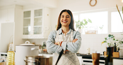 Buy stock photo Portrait, chef and woman with arms crossed, kitchen and pride for culinary skills and food industry. Confident, entrepreneur and person with smile for catering business, growth and opportunity in USA