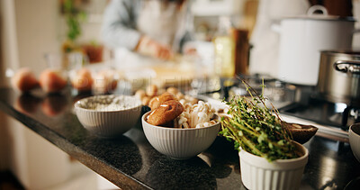 Buy stock photo Food, culinary art or kitchen with ingredients for hospitality, cooking or catering service at home. Closeup, vegetables or chef person with recipe or fresh organic produce for meal prep or dinner