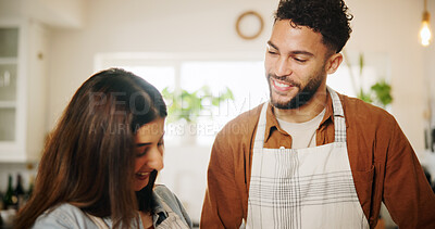 Buy stock photo Couple, smile and love with cooking in kitchen for preparation of home meal or supper. Bonding, help and communication with man and woman in apartment together for talk, conversation or nutrition