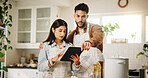 Couple, tablet and cooking with kitchen, recipe and home with food ingredients and internet instructions. Technology, blog and preparation with chef people in apartment for diet, health or nutrition