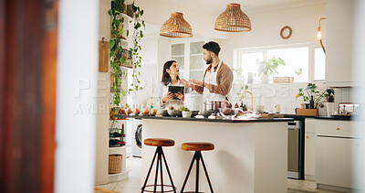 Buy stock photo Cooking, couple and tablet with support in kitchen for online recipe, meal preparation or culinary instructions. Nutrition, people and digital app in home for healthy dinner or learning food tutorial