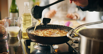 Buy stock photo Cooking, food and pan with person in kitchen of restaurant closeup for diet, health or nutrition. Gas stove, ingredients and recipe with chef in hotel for gourmet cuisine, hospitality or service