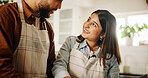Happy, cooking and couple in kitchen in home together for bonding, talking and connection. Conversation, helping and man with woman for preparing meal, food or dinner for health diet in apartment.