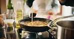 Cooking, pan and recipe with person in kitchen of restaurant closeup for diet, health or nutrition. Food, gas stove and ingredients with chef in hotel for gourmet cuisine, hospitality or service