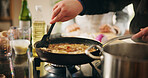 Cooking, food and frying pan with person in kitchen of restaurant closeup for diet, health or nutrition. Ingredients, recipe and stove with chef in hotel for gourmet cuisine, hospitality or service