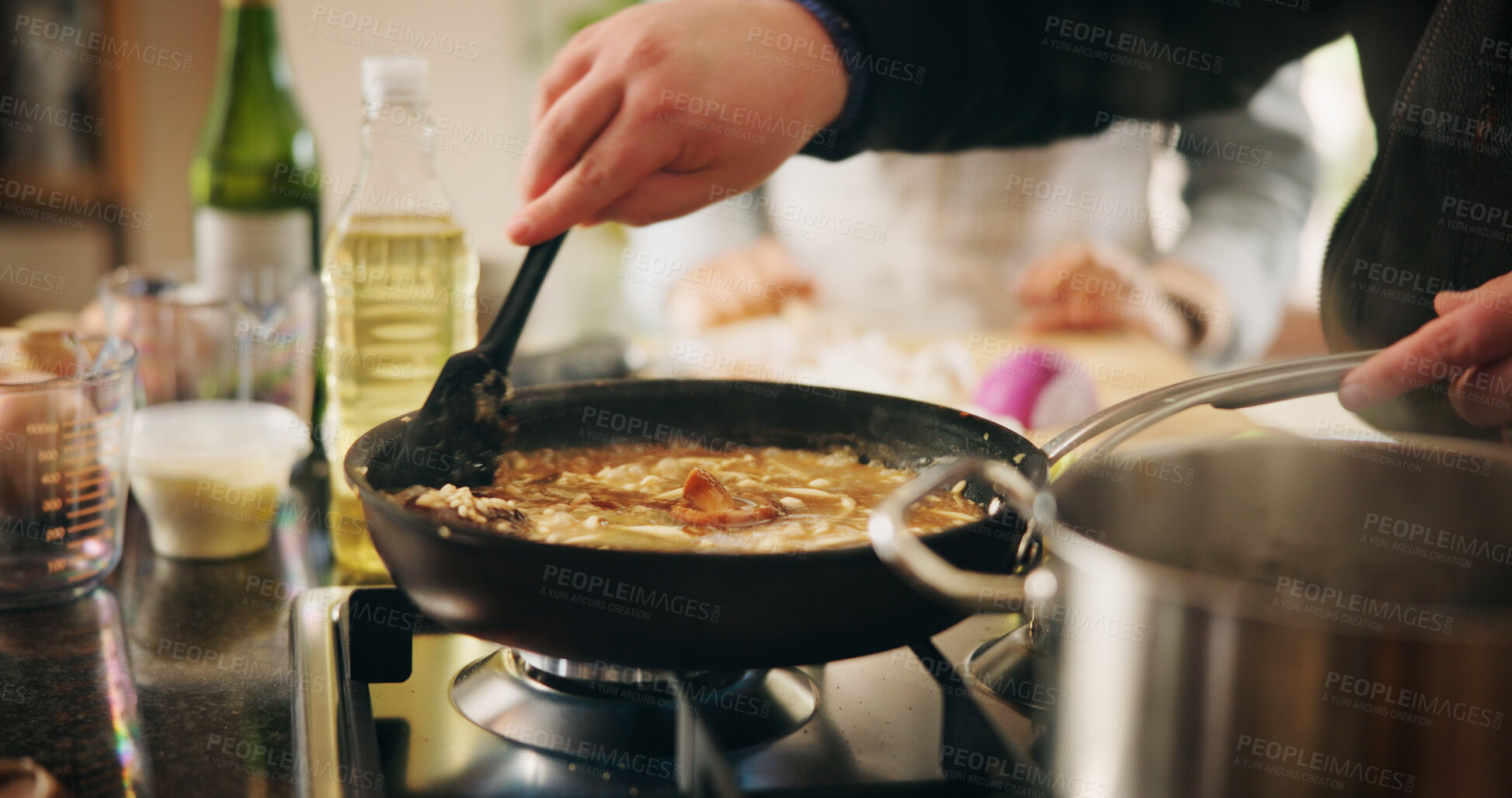 Buy stock photo Cooking, food and frying pan with person in kitchen of restaurant closeup for diet, health or nutrition. Ingredients, recipe and stove with chef in hotel for gourmet cuisine, hospitality or service