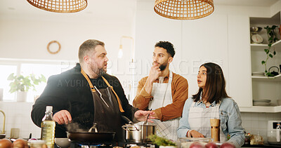 Buy stock photo Cooking class, chef and couple with learning in kitchen for meal preparation, culinary skills and recipe instructions. Professional guide, people and food lesson with dinner tips and nutrition advice