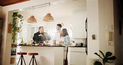 Buy stock photo Cooking class, chef and couple with talking in kitchen for meal preparation, teaching recipe and food instructions. Culinary course, people and professional guide with demonstration and learning tips