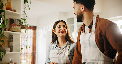 Buy stock photo Conversation, cooking and couple in kitchen in house together for bonding, talking and connection, Happy, home and man with woman for preparing meal, food or dinner for health diet in apartment.