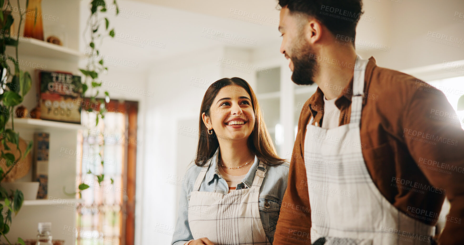 Buy stock photo Conversation, cooking and couple in kitchen in house together for bonding, talking and connection, Happy, home and man with woman for preparing meal, food or dinner for health diet in apartment.