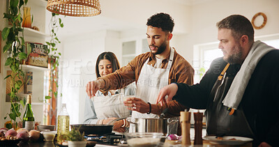 Buy stock photo Cooking class, chef and couple with learning in kitchen for meal preparation, culinary skills and recipe instructions. Professional guide, people and food lesson with dinner tips and nutrition advice