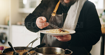 Buy stock photo Cooking, food and hands of man with plate in kitchen of home for diet, private service or nutrition. Ingredients, recipe and personal chef with dish in house for gourmet cuisine, hospitality or lunch