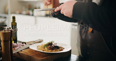 Buy stock photo Cooking, cheese and hands of person with grater in house kitchen for diet, private service or nutrition. Ingredients, food recipe or personal chef with plate for gourmet cuisine, hospitality or lunch