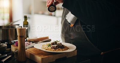 Buy stock photo Spices, food and hands of chef with plate in kitchen of home for diet, private service or cooking. Ingredients, recipe and closeup of person seasoning dish for gourmet cuisine, meal flavor or lunch