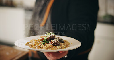 Buy stock photo Presentation, food or hands of chef with dish in kitchen of home for diet, service or nutrition. Ingredients, risotto recipe or person with plate design for gourmet cuisine, cooking mushroom or lunch