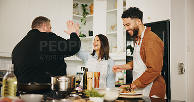 Buy stock photo Kitchen, learning and couple with chef, high five and cooking with nutrition, ingredients and gesture. Home, meal prep and men with woman, culinary expert or professional with course, support or help