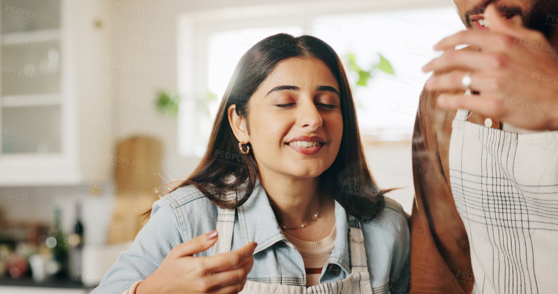 Buy stock photo Couple, cooking and smell in home for lunch preparation, fresh aroma and creative meal process. Flavor scent, people and healthy food for gourmet cuisine, dinner nutrition or dish progress at house