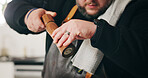 Man, hands and chef with shaker for spices, seasoning food or adding flavor in house kitchen. Closeup, culinary artist or person in hospitality with ingredient for taste, new recipe and condiment