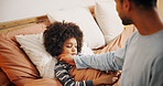 Home, sick and father with boy, bedroom and illness with flu symptoms, check for cold and help. Apartment, parent and kid with dad, child and virus with infection, support and fever with rest or nap