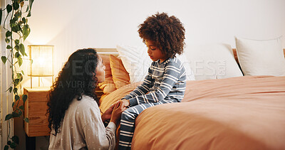 Buy stock photo Bedroom, mom and talking to child, sad and comfort for son in family home, chat and care in apartment. Conversation, kid and woman with concern in house, love and communication with unhappy boy