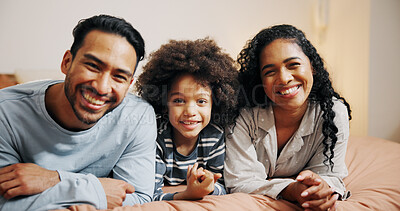 Buy stock photo Bedroom, portrait and family with boy, love and bonding together with smile, relaxing and calm. Face, parents and mother with father, son and child with break, home and morning with happiness or kid