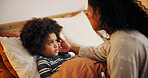 Home, sick and mother with son, bedroom and illness with flu symptoms, check for cold fever and rest. Apartment, parent and kid with mama, child and help with infection, support and trust with virus