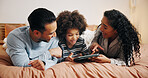 Happy family, child and watching with tablet on bed for online entertainment, cartoon or movie at home. Mom, dad and kid with smile, technology or app for fun subscription, game or shows in bedroom