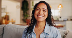 Happy woman, portrait and relax on sofa in home for holiday, weekend or fun free time. Face, female person or smile in joy with comfort, house interior or design on furniture for indoor break or rest