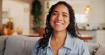Buy stock photo Happy woman, portrait and relax on sofa in home for holiday, weekend or fun free time. Face, female person or smile in joy with comfort, house interior or design on furniture for indoor break or rest
