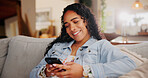 Home, sofa and woman with smartphone for laughing, online contact and chat on social media. House, female person and technology with application for text joke, blog website and relax in living room