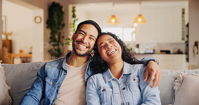 Buy stock photo Happy couple, relax and laughing with hug on sofa for comedy, holiday or weekend at home. Man, woman or lovers with smile on couch for funny joke, humor or fun living room entertainment at house