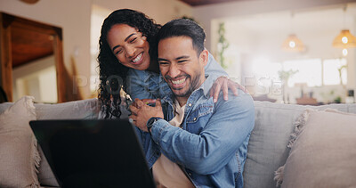 Buy stock photo Sofa, couple and hug with laptop for laughing, streaming online and check movie for bonding together. Home, woman and man with technology for entertainment website, platform and happiness with love