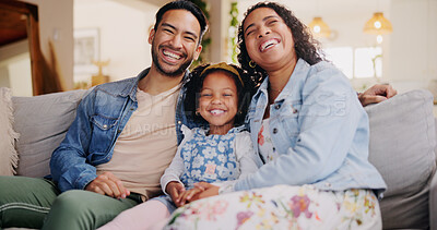 Buy stock photo Parents, girl and happy on sofa with watching tv, portrait and relax with bonding, care and love in family home. Man, woman and child with smile in living room with laughing at funny movie in Mexico