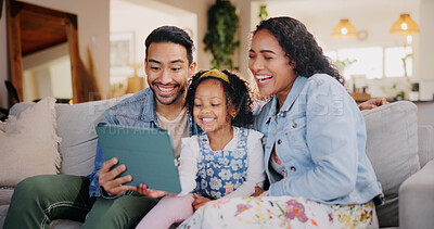 Buy stock photo Home, girl and parents on sofa, tablet and relax with social media, entertainment and laughing in lounge. Family, apartment and mother with father, child or tech with online video, funny or happiness