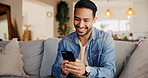 Phone, happy and man on sofa in home for networking, social media or online communication. Relax, cellphone and male person chatting on dating app for contact or connection in living room at house.