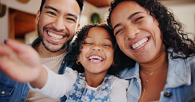 Buy stock photo Selfie, happy and portrait of parents with kid in home for memory, profile picture or social media. Smile, love and girl child with mother and father for photography together in family house.