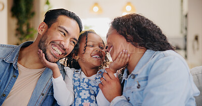 Buy stock photo Happy family, child and bonding with love on sofa for childhood, free time or security at home. Mom, dad and daughter with smile or joy for playful weekend, holiday or care in living room at house
