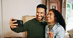 Excited couple, selfie and keys with new home, property and finance investment together. Man, woman and phone for moving in, real estate or house for mortgage loan, renovation and relocation success