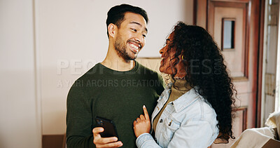 Buy stock photo Home, hug and couple with love, smartphone and bonding together with communication. People, apartment and embrace with man, woman and cellphone with social media, romance and relationship with app