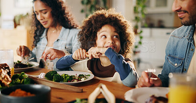 Buy stock photo Eating, smile and parents with child in home for family dinner, healthy meal or bonding at dining table. Support, people or lunch together for nutrition, brunch recipe or relationship with connection