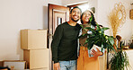 Couple, boxes and moving in with new home, front door and finance investment together. Excited man, woman and smile with property, real estate or house for mortgage loan, renovation and success