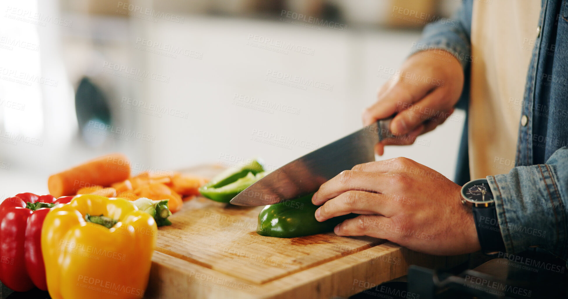 Buy stock photo Home, closeup and hands with vegetables for cutting, cooking and nutrition with culinary experience. Kitchen, person and knife with chopping board for pepper, organic food and meal prep in apartment
