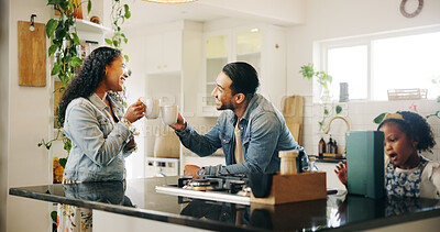 Buy stock photo Family, smile and toast with coffee in home for gossip, communication and conversation in kitchen. Man, woman and daughter with tablet in house for cheers, support or breakfast discussion with mug